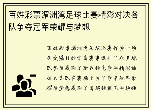 百姓彩票湄洲湾足球比赛精彩对决各队争夺冠军荣耀与梦想