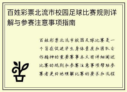 百姓彩票北流市校园足球比赛规则详解与参赛注意事项指南