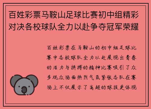 百姓彩票马鞍山足球比赛初中组精彩对决各校球队全力以赴争夺冠军荣耀